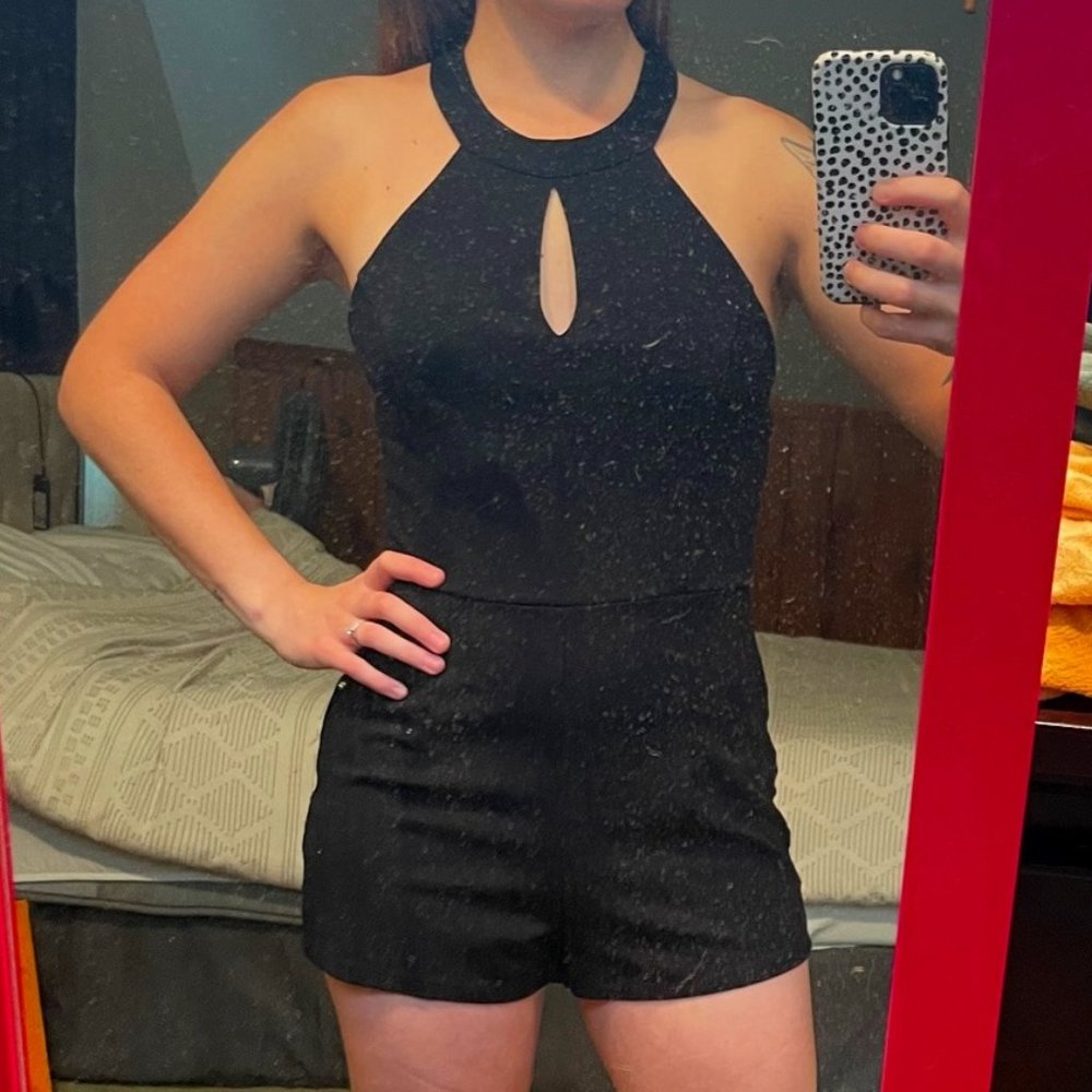 Charlotte Russe Black Romper Halter Top Peekaboo Chest Back Lace Zip Back Sz M
